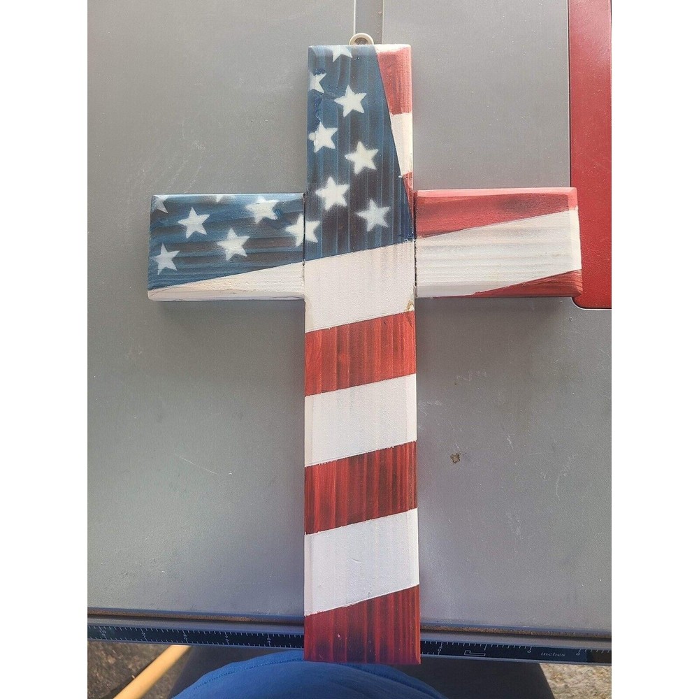Handcrafted Wooden Cross America Red White Blue Flag 14X10
